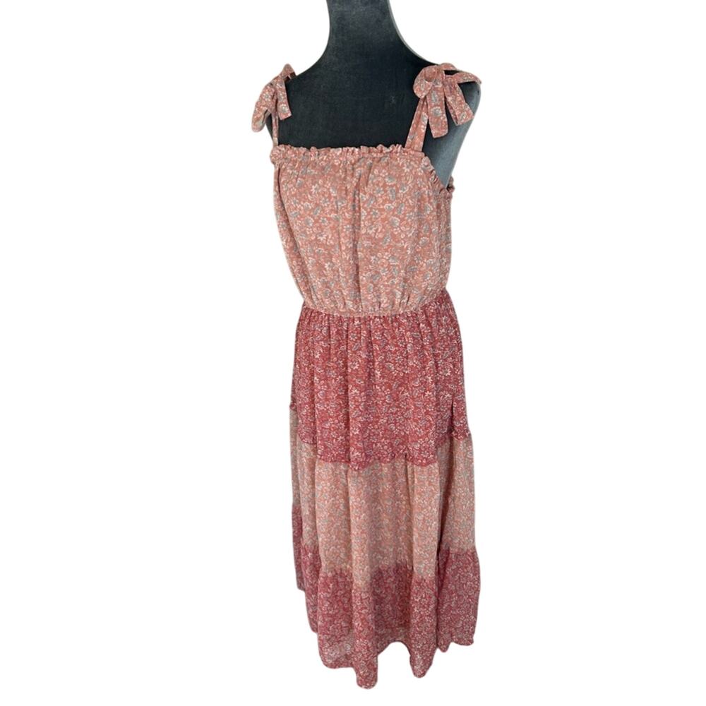 sincerely Jules- LRG- midi dress- ruffle- - stretch- pink blue floral some wear